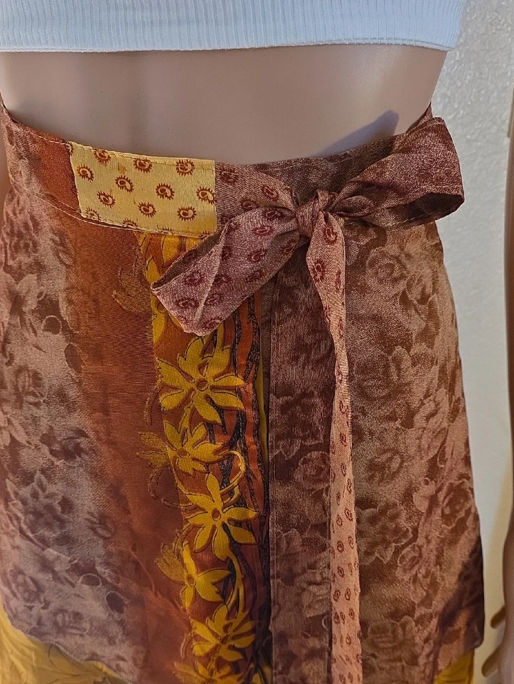 Earthbound Trading Co. Gold Burgundy  Wrap Skirt Mini Polyester Boho